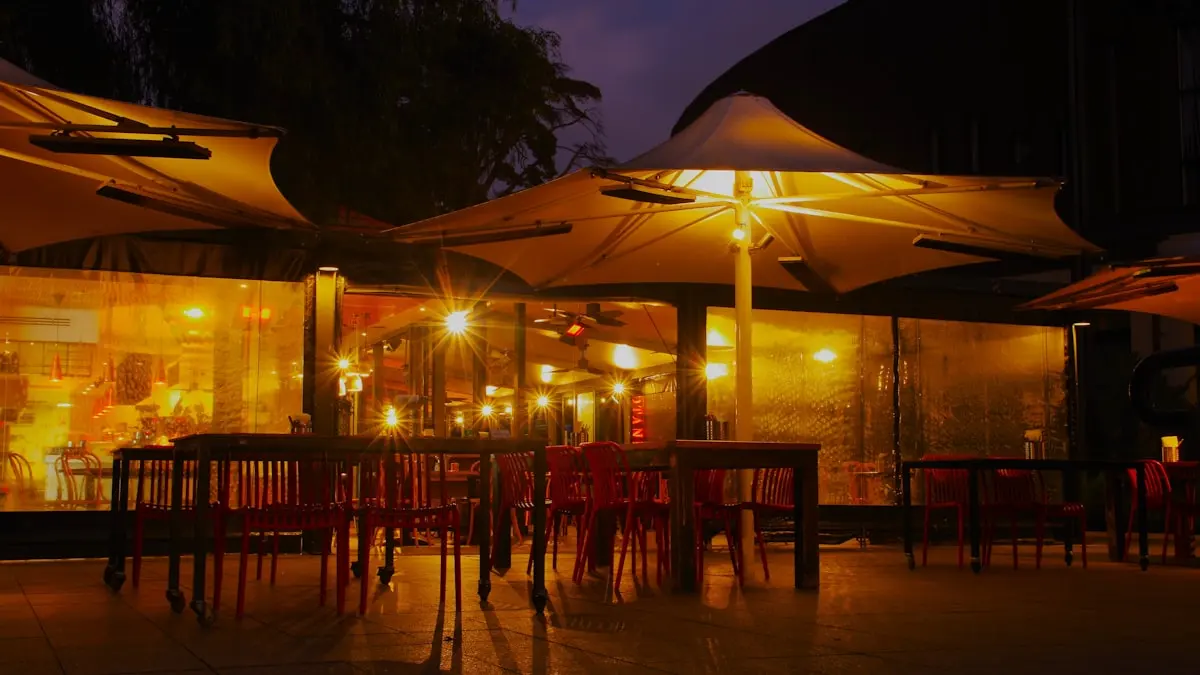 Terrace seating under warm lights