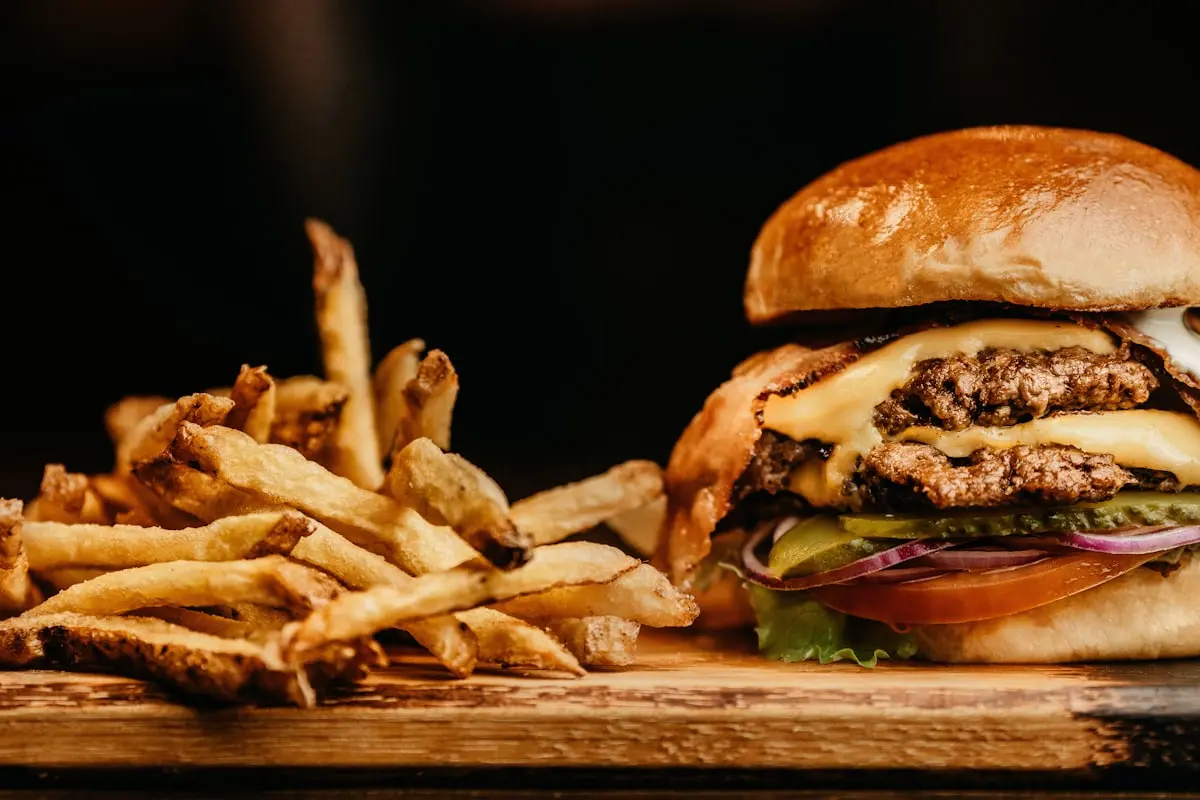 Smash burger and fries, close up