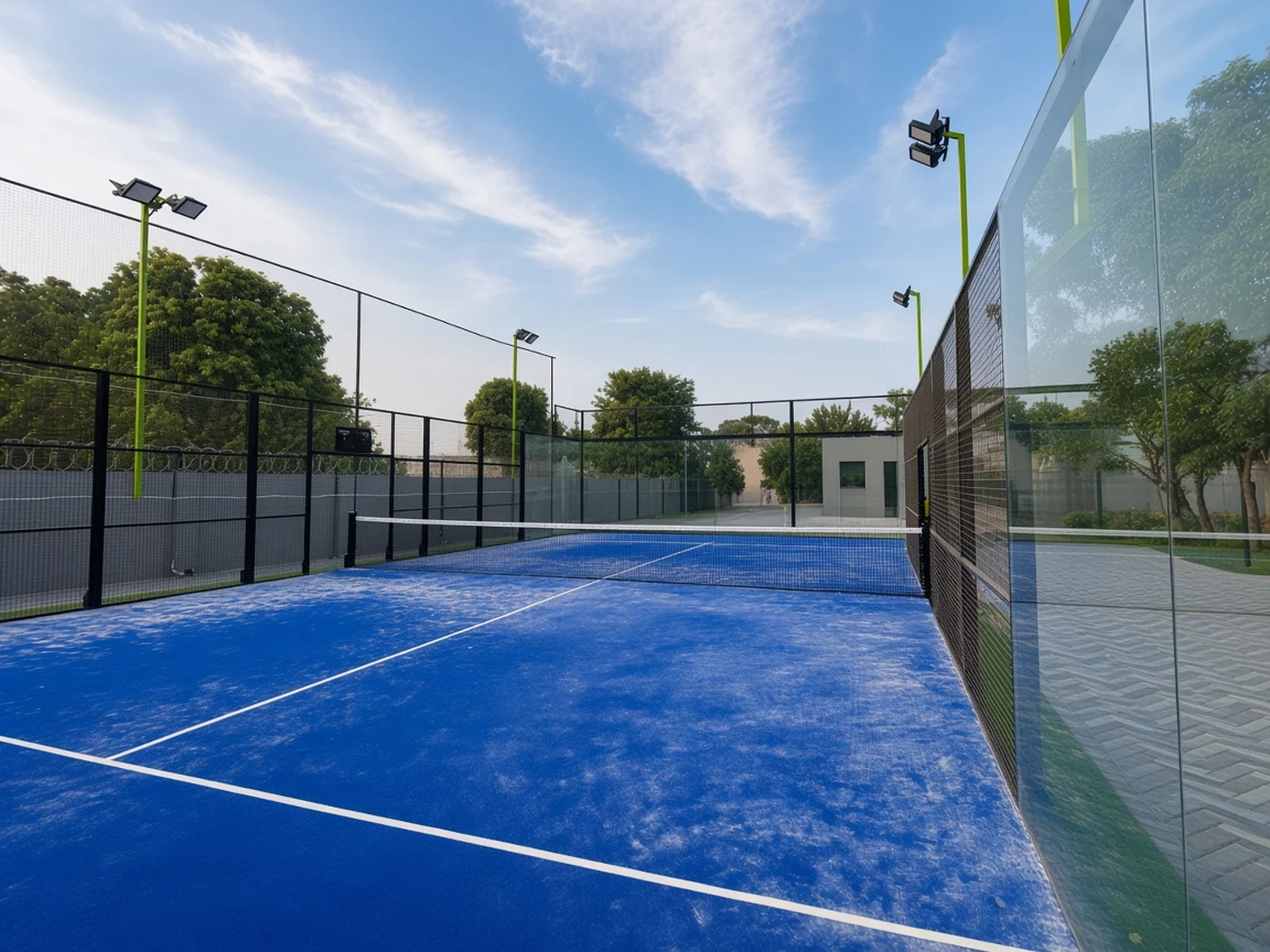 Bright blue panoramic padel court at Vybe Sports Arena